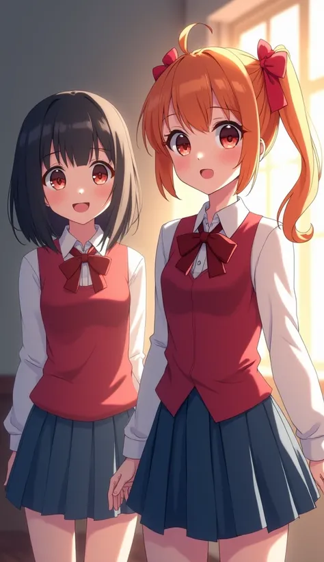 2 girls ,  1st female man black hair red eyes tied ponytail to the side wearing jimpun bow student dress Red, white shirt, blue skirt, smile,  2nd female man orange hair brown eyes tied ponytail 2side wearing red bow student dress white shirt blue skirt sm...