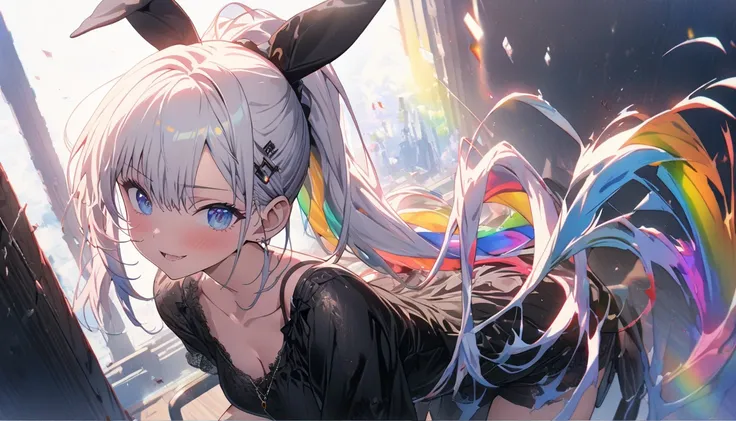 HD 8k Handsome sexy-cute, 1 Human focus female Medium Length Rainbow hair white hair Ponytail, (masterpiece, highest quality, highest quality, official art, beautiful and aesthetic:1.2),No text, anime, BREAK, 1 girl, Glitch Art, (Digital Distortion), pixel...