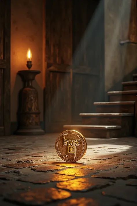 " An impactful and spiritual book cover ,  showing the interior of an old house with soft and introspective lighting . In the center of the scene, a golden drachma shines on the floor ,  reflecting the light of an oil lamp nearby .  The environment is deta...