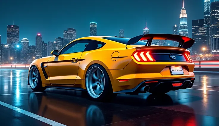  And its a Ford mustang car and a back side full picture yellow color and the lights are on and the spoiler and bumper are and the rim is white and back side full picture  beautiful city night full long picture 