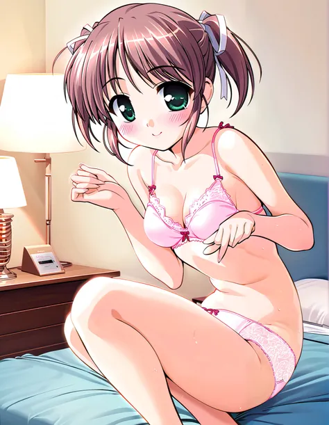 Asagiri Mai, (cowboy shot),  brown hair ,  short hair, Hair ribbon, twintails,  green eyes,  small breasts,  cleavage,  pretty butt, (cute underwear with light pink lace:1.3), ( cute pose :1.2), (orgasm:1.2), (Red cheeks:1.2), (bright smile:1.2), ( bedroom...