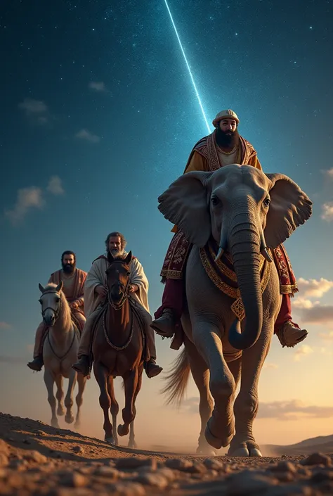  Hyperrealistic zoom photograph of the 3 wise men , Melchor of Greek origin riding a horse  ,  Gaspar of Arab origin riding a large two-crowned Camel , Baltazar of African American origin riding a very large elephant.  All under the sky vault full of stars...