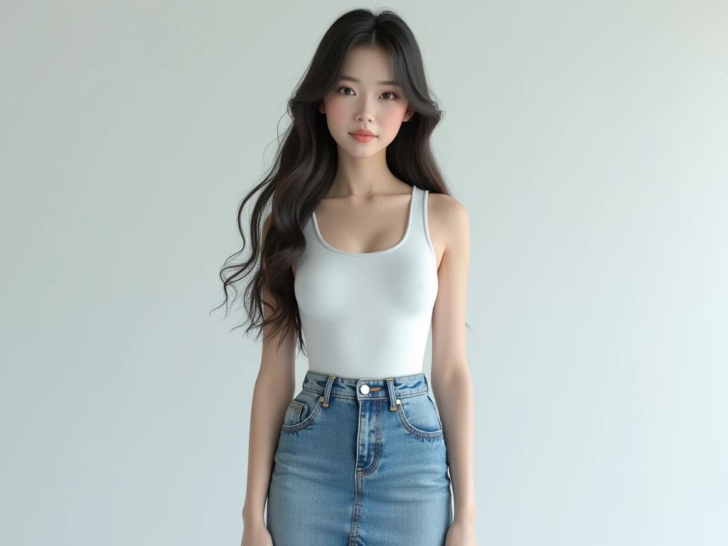 4K 3D rendering of a photorealistic Asian woman with long hair, wearing a short denim skirt, a white tank top, standing in a full body pose, with a light grey background.
