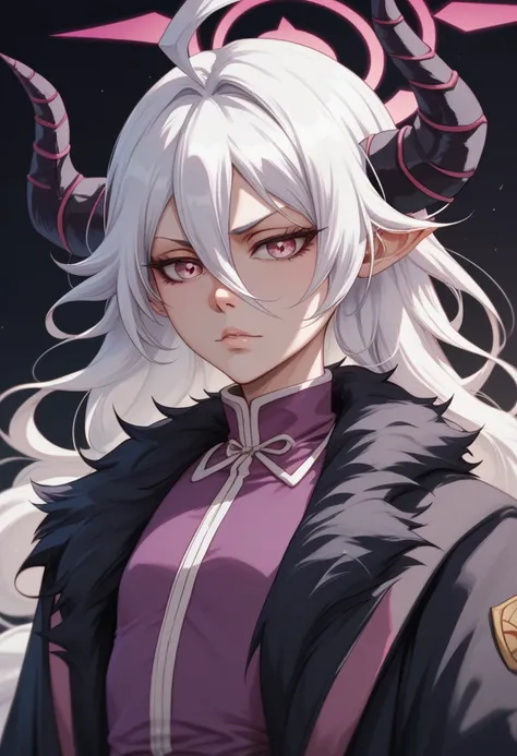 Sorasaki Hina (Blue Archive) with extremely long wavy white hair. Hair between eyes. Ahoge. Four black horns. Large pink dragon eyes. Pointy ears. White very pale skin. Flat chest. Purple uniform. Black fur coat. (Bleach art style)