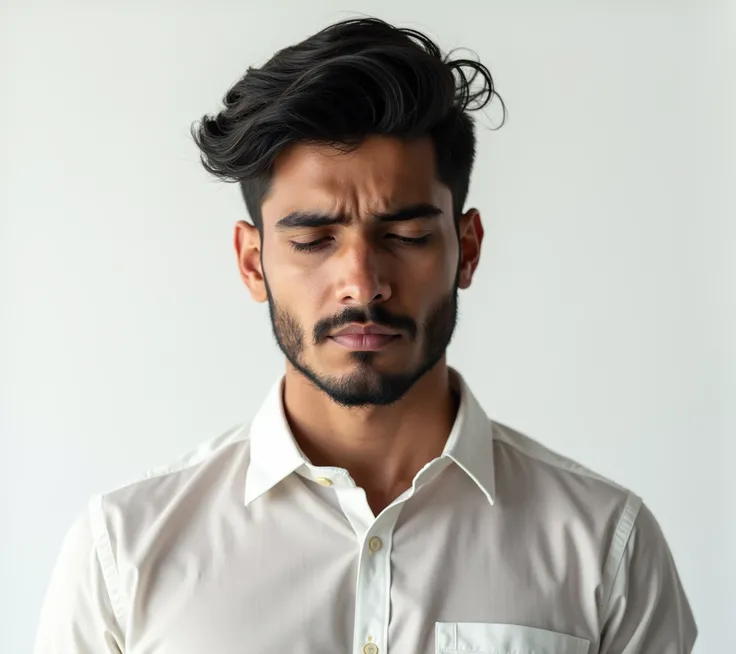 create a 2/3 view of very young , fair & handsome indian groom with sad expression on his face , looking at camera , 2/3 view of that man , hyper realistic , white background , full body view , , realism , realistic