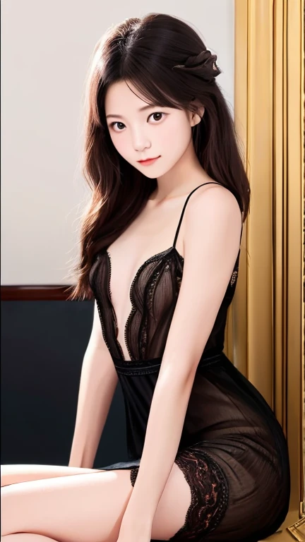 Masterpiece, high detailed, detailed beautiful eyes, detailed beautiful lip and face, high resolution, a portrait of Asian woman seated in a stylish indoor setting, wearing a black lace dress. She is posing confidently, with her legs crossed and one hand r...