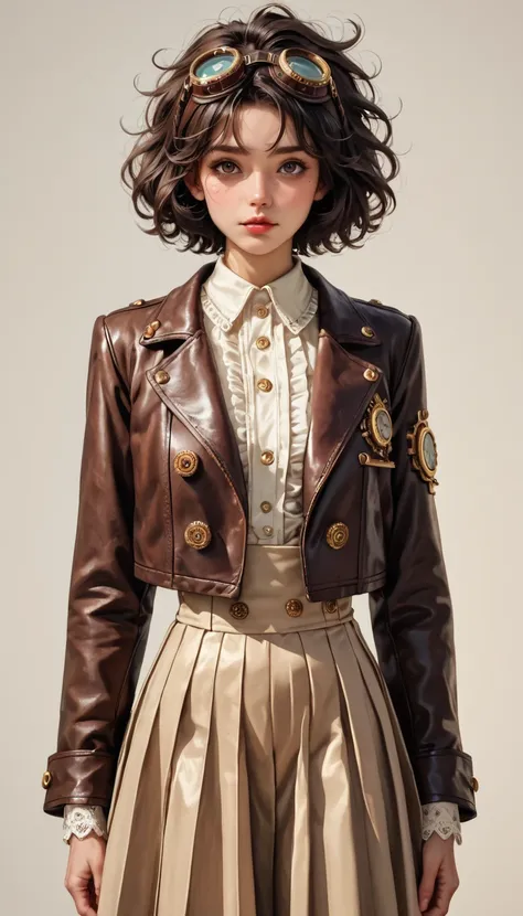 score_9, score_8_up, score_7_up, score_6_up, photograph,  realism, photographrealistic,  steampunk mechanic girl ,  perfectly detailed face , ( have :0.8), goggles,  steampunk beige leather double breasted jacket,  beige tweed fabric pleated skirt , (leath...