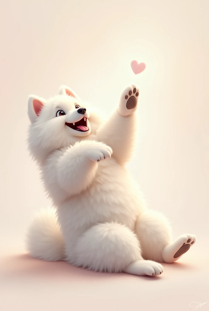  from above　A cute white Samoyed dog with its right foot facing the sky 