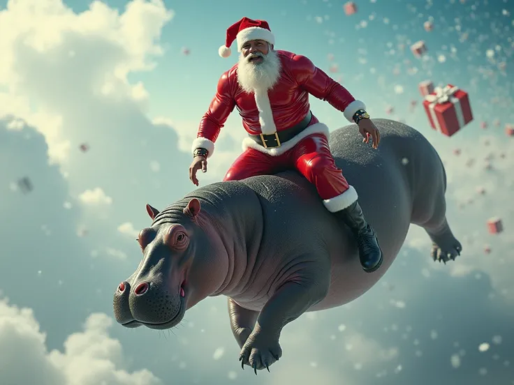 Create a muscular Santa Claus in a red latex suit riding on a hippopotamus flying in the sky, dropping gifts and falling snow. Image by a world-class photographer.
