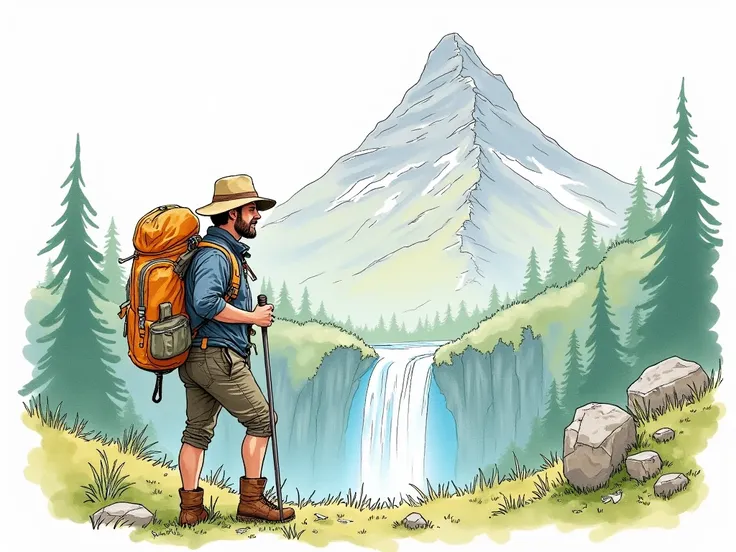 A drawing illustrating a hiker with a mountain and a waterfall in the background.