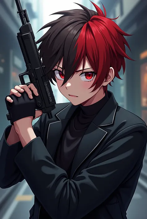 Make an anime photo of a boy with brown hair and red hair in the front, wearing a black jacket  get gun