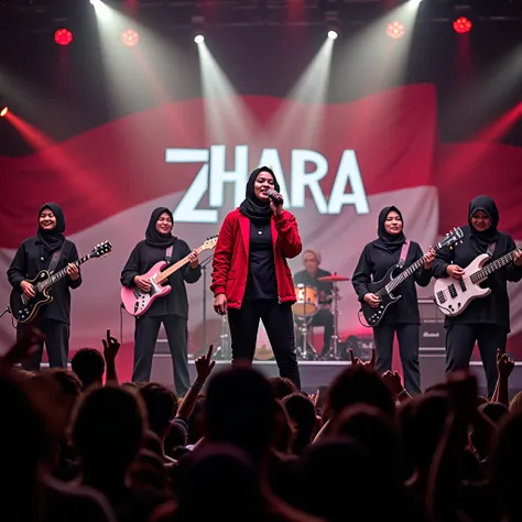 rock band concert, indonesia, 20 years old, indonesia flags, all personnel wearing hijab, black jaket, Kerala design combined with post-impressionism art. Cheering audience at the bottom, spotlights, red jacket, black t-shirt, black pants, behind the stage...