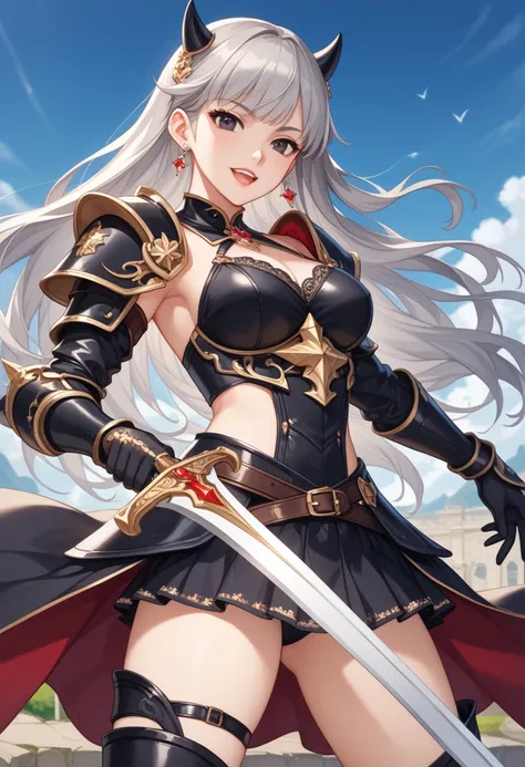 one girl,　Felpurr　170 cm　19 Best 　tail　comomimi　Grey Hair　 long hair　 wild hair 　 dark eyes　Warrior　Sword in right hand　Sword in left hand　 Leather Armor　Double teeth　 fantasy world　anime style,　game CG,　  Vivid RPG Portraits　pixiv contest winner,　masterpi...