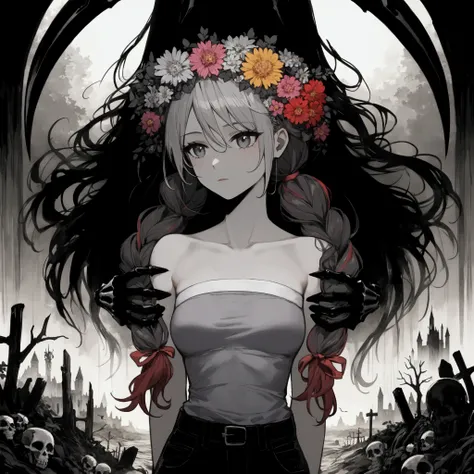 stoic girl, neck being framed by shadowy figure’s hands, black aura, gray eyes, swept bangs, dark red hair, low twin tails, gray eyes, small breasts, slightly toned arms, thin, strapless gray shirt with white trim, black jeans, black boots, from side, hair...