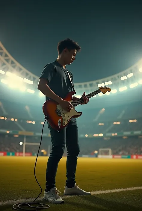 Indonesian man 25 years old  . Front view . playing electric guitar  . The atmosphere of the football stadium . in the middle of the field With the lighting of the stadium lights .  night atmosphere 