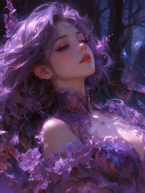 colorful watercolor painting.a beautiful woman.lying gracefully.flowing lavender hair and a serene expression. She wears delicate clothing adorned with floral patterns.blending harmoniously. beauty and dreamlike tranquility, oil painting, a detailed painti...