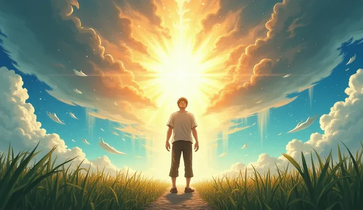 A divine moment where God grants the farmer the power to control the weather. A radiant light surrounds the farmer, indicating that the power has been bestowed upon him. The farmer’s face expresses both awe and excitement, while the environment shows signs...