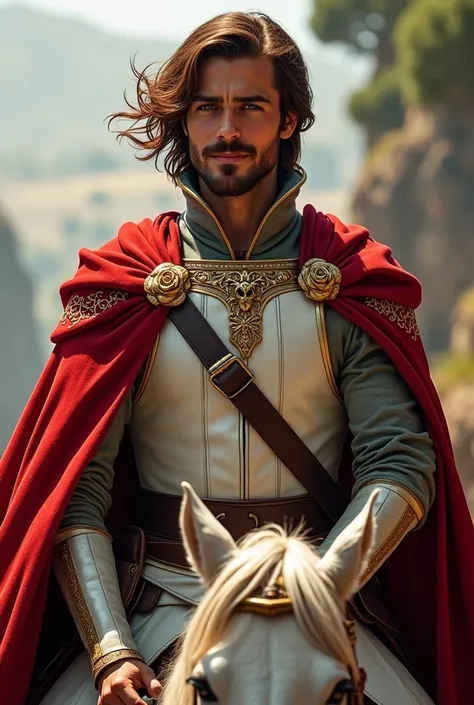 A young,  attractive Spanish nobleman rides on his beautiful ,  elegant white perd .  on his shoulders he is wearing a light leather armor made of fine ,  white leather shed ,  hanging at his side is an elegant long sword and a red leather sheath.  His che...