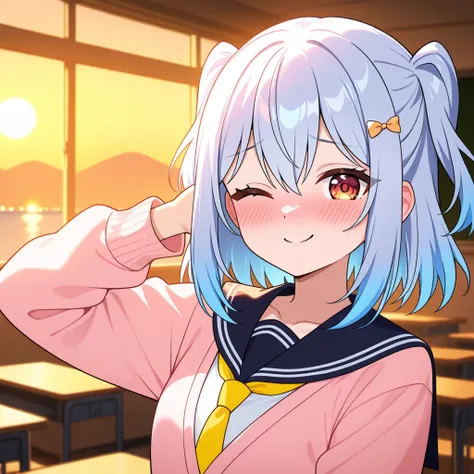 1boy, inuyama tamaki, noripro, bishojo, light blue hair, bob cut, school uniform, sailor uniform, pink cardigan, yellow necktie, playful expression, winking, one eye closed, peace sign, tilted head, hand behind head, embarrassed smile, blushing, soft light...