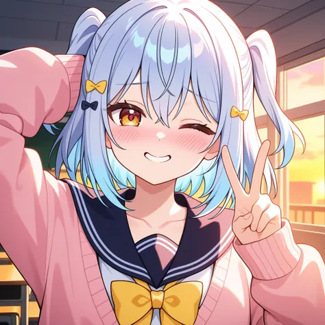 1boy, inuyama tamaki, noripro, bishojo, light blue hair, bob cut, school uniform, sailor uniform, pink cardigan, yellow necktie, playful expression, winking, one eye closed, peace sign, tilted head, hand behind head, embarrassed smile, blushing, soft light...