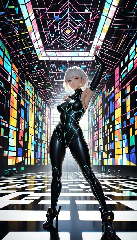  beautiful woman, Eye Catching Eyes , Shiny, silky, ivory short hair,   amorous and lewd expression  , makeup, Wear a seamless black cyberpunk combat rubber suit with a neon line maze design in a sexy rubber suit, Perfect Proportions,   delicate and dynami...