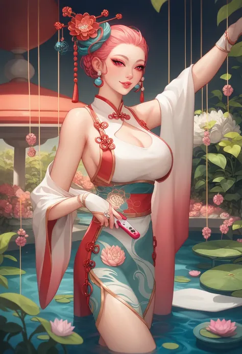  Oriental Girl （（Phoenix eyes）），Stylish costume ，tulle material， intricate hairpin pleats and flowers （The background is a lotus leaf， A few small lotus flowers scattered on the hair ：1.5），medium saturated tones， } Beautiful Color Rendering Stylish Bright ...