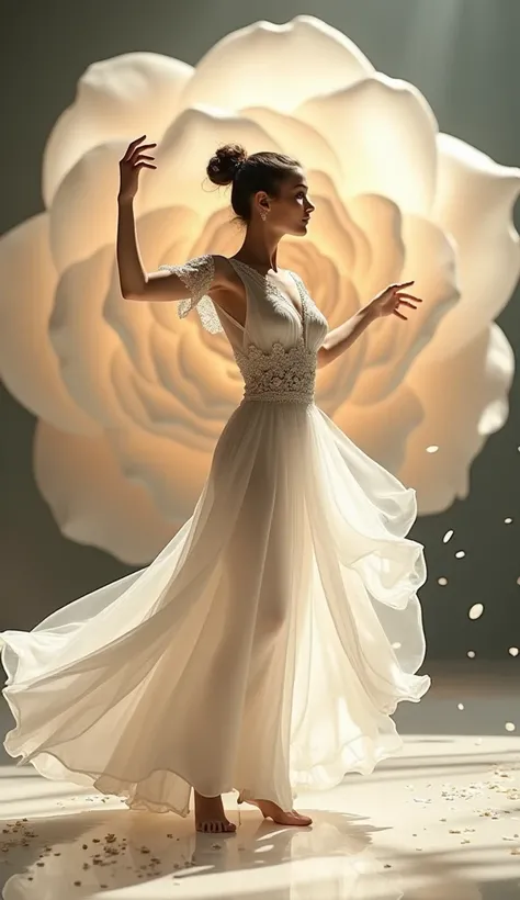 **Prompt:**  

A young woman is performing an elegant fusion dance on a brightly lit TV show stage, inspired by the theme of a white rose (Gulab). She wears a flowing white costume adorned with delicate rose petal patterns, exuding grace and purity. Her mo...