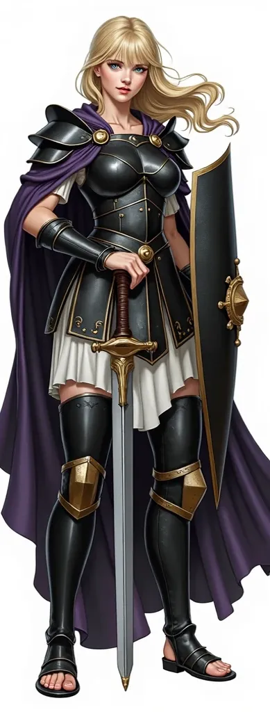 beautiful young woman in her early 20s who looks like an E-girl, blonde hair, blue eyes, perfect upturned nose, small waist, long wavy wind blown hair, large breasts, sultry look, black roman legionary armor, dark purple cloak, she is a praetorian guard