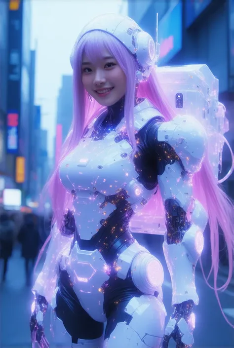 futuristic Korean sexy buxom voluptuous thick body buxom medium breast woman with final fantasy face wearing an advanced exosuit with a sleek, robotic design. made of light particles ,transparent body hourglass , Electronic devices, connecting line, She is...