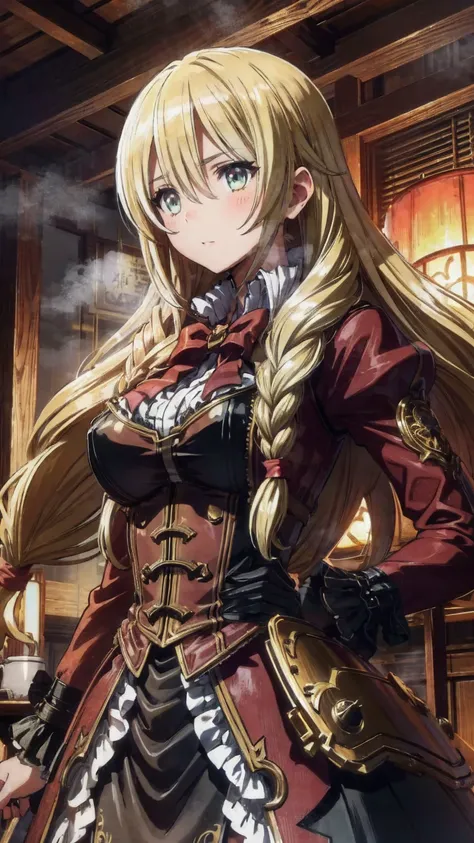  、Steam overflows、 steampunk/ steampunk/ Steampunk 　、 woman, 22,  She has olive green eyes and long blond hair braided over her shoulders., Tied with ribbon and heart, Pale pink scrunchie,    Streetscapes of Steam and Machines   ,   steam from pipes   ,   ...