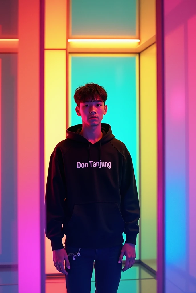 a young man of 20 years old native to indonesia standing in a box made of brightly colored glass wearing a black hoode jacket with the name don Tanjung short haired on red 