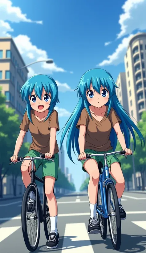 masterpiece,  top quality,  high definition ,  very detailed ,((( pretty girl with blue hair))), ((( Japanese anime ))), ((( long hair))), (((Brown T-shirt))), (((Boy in green shorts ))), (((White socks))), ((( black sneakers ))), (((In a modern city ))), ...