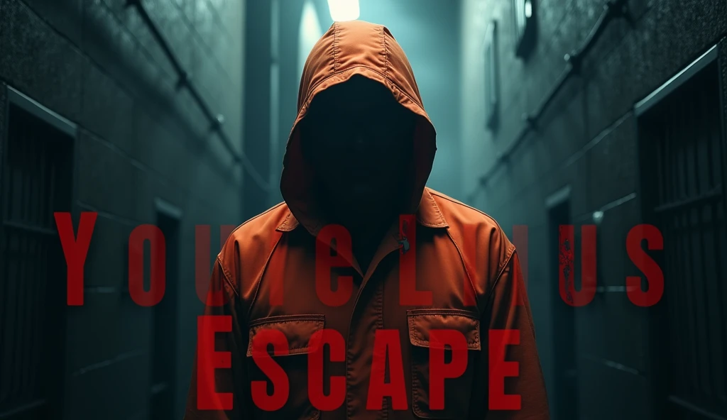 Rapid: " make a compelling and dramatic YouTube thumbnail for a true crime video about a prisoner escaping from prison. with deep shadows and fog , create a strange atmosphere . In the Center, dark prison，The prisoner is wearing an orange prison uniform， e...