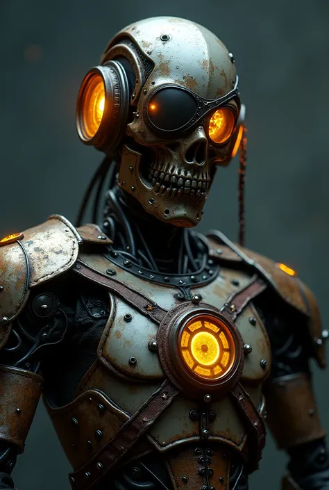 a cyberpunk pirate robot with glowing golden eyes, (Single eye patch:1.3), highly detailed mechanical body, intricate metal armor, leather outfit, steampunk accessories, dramatic lighting, moody dark background, hyper detailed, 8k, photorealistic, cinemati...