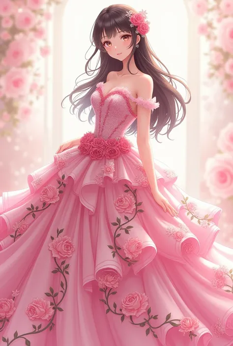 An anime ladys full body in rose design pink gown