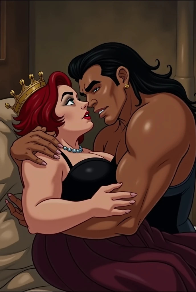 Head and heavy makeup that looks at men wickedly, Fascinating ,  An obese middle-aged queen wearing a black corset is lying in the bed of a bodybuilder who seduces the prince by being hugged by a sexy prince with tanned skin, dark hair, and naked. Medieval...