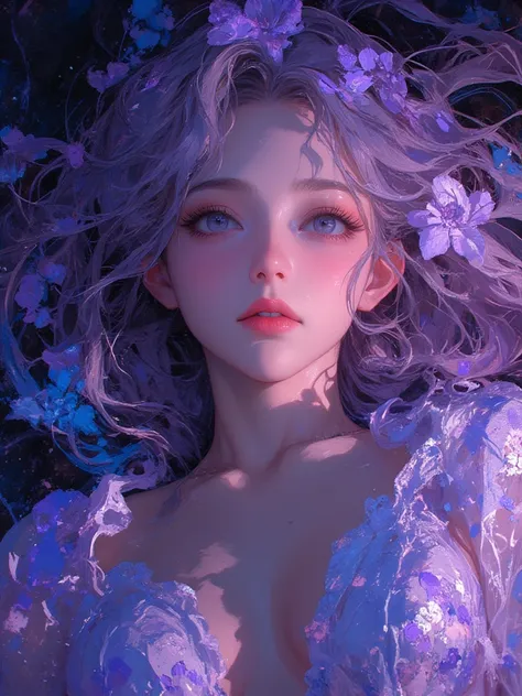 colorful watercolor painting.a beautiful woman.lying gracefully.flowing lavender hair and a serene expression. She wears delicate clothing adorned with floral patterns.blending harmoniously. beauty and dreamlike tranquility, (oil painting:1.3), a detailed ...