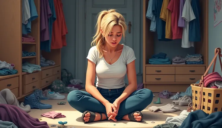 A distressed young woman sitting on the floor of a cluttered dressing room, surrounded by disorganized clothing. She has light blonde hair tied in a ponytail and is wearing a white casual top with dark blue jeans and sandals. The background features an ope...