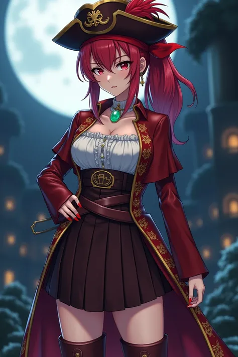 1. Little flower  (adult version,  Realistic anime style)

Hair: intense red,  tied in a high ponytail , with a red bandana underneath an elegant captains hat, adorned with gold details and a red feather. A few loose locks frame her face.

It lasts: A dark...