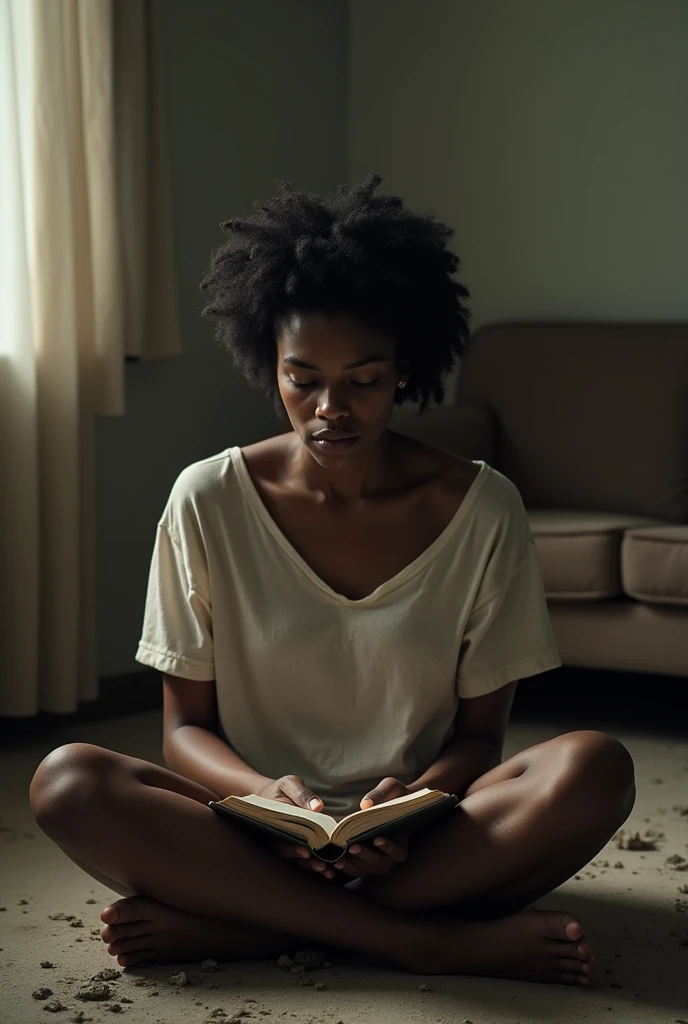 (photorealism:1.2) hyper realistic Setting: Back in the apartment, now emptier.

Visual: The black woman in mid 30s sits on the floor with the Bible in her lap. She opens it to a random page, and her eyes fall on Matthew 11:28 ("Come to me, all who are wea...