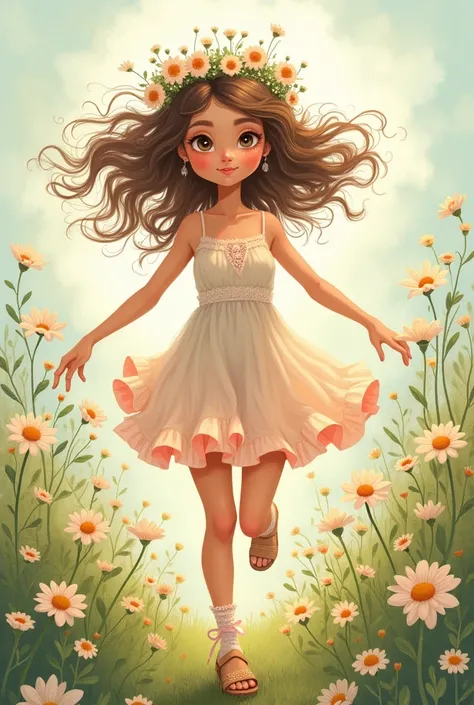 Create a whimsical illustration of a  with messy curls in peach, lilac, and moss green. She has a flower crown and is dressed in a ruffled sundress, lace socks, and ribboned sandals. Running through a meadow of daisies. Focus on the earthy, floral details,...