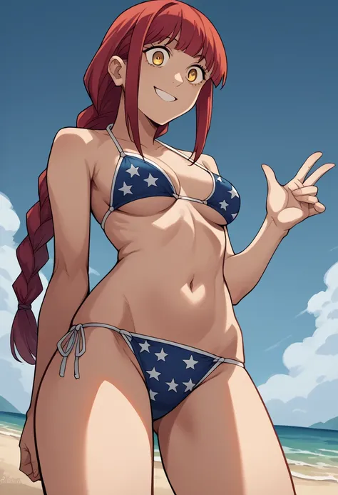 score_9, score_8_below, score_7_below, source_anime, hands,  long hair, smile, fringe,  yellow-eyed, Braid,  red hair , Braided ponytail,  wide eyes ,  medium breasts,, bikini with American flag, Bikini,,thighs, beach, smile, greeting,, Tiro de Cowboy,  Du...