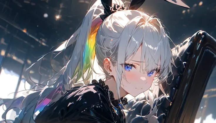 HD 8k Handsome sexy-cute, 1 Human focus female Medium Length Rainbow hair white hair Ponytail, wearing Black bunny, blue eyes, look down (highest quality, sexy aesthetic:1.2), background is lost of gems, watercolor painting, chromatic aberration, lens flar...