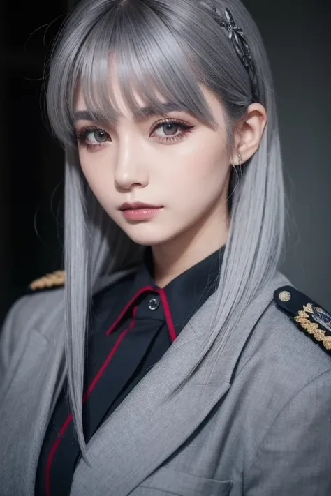  1 girl in uniform, Gray Hair、 medium hair, darker makeup、Metal Fashion