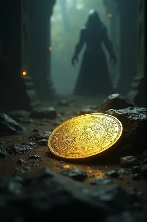 Mysterious mystical golden coin in dark haunting place