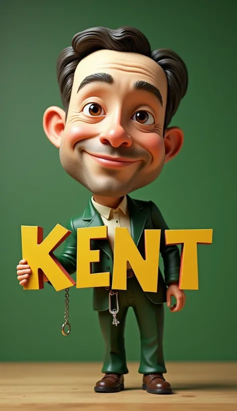 3D caricature of a man with one side hsir, round-face, key chain. High-quality realistic photo, and there is the name "KENT" in 3D letter style, embossed and realistic, in green yellow, indium white and black, Looking at viewer, 