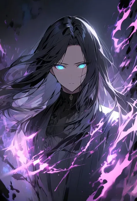 woman, vest, black clothes, cyan eyes, black hair, glowing eyes, parted bangs, dark aura, beautiful, pony tail, long hair