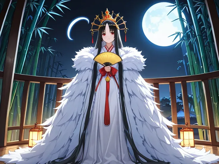 Princess Kaguya, Night Sky, moon, bamboo, fan, Crown , Feather coat,  very long hair,  turn your gaze ,  won numerous awards, 