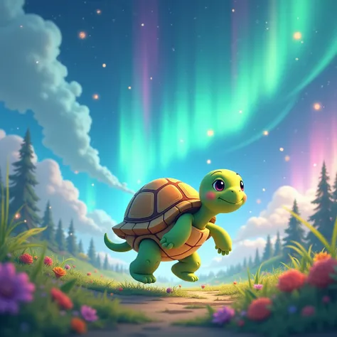 Happy, cute, colorful running turtle with aurora sky background