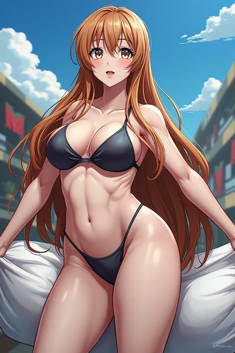 Physically fit adult woman with long blond hair and big breasts anime version